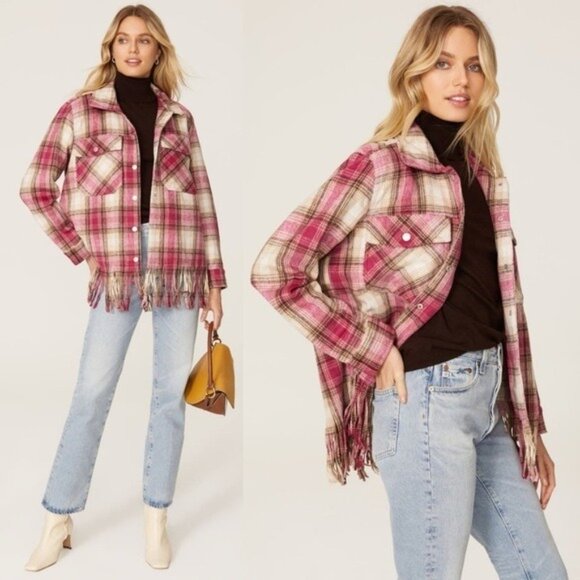 NWT BlankNYC Woodstock Wool Plaid Fringe Shacket XS Pink Oversized Flannel - Picture 2 of 6